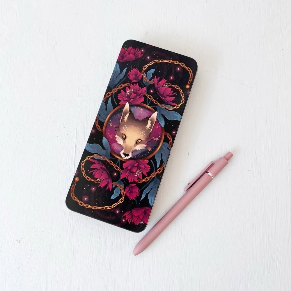 FairyLoot Only a Monster Pencil Tin Black Pink Fox Floral‎ Vanessa Len Bookish